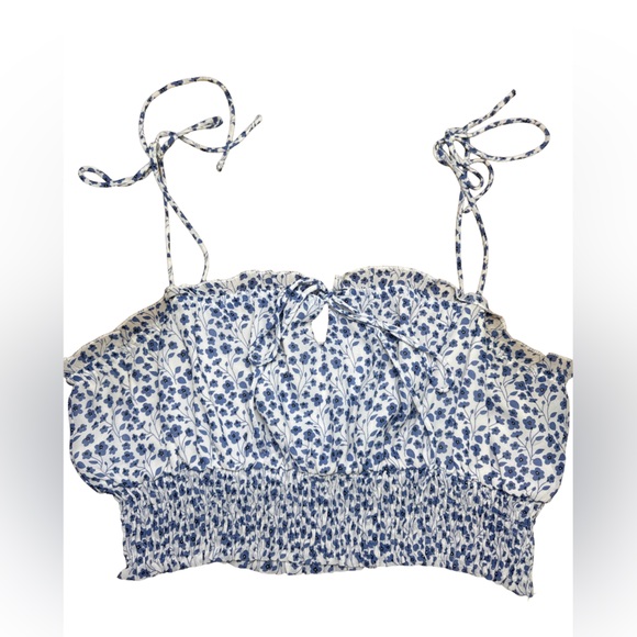 Princess Polly Tops - Princess Polly Blue Floral Smocked Crop Top Tie Strap Ruffle Cottagecore Size 12